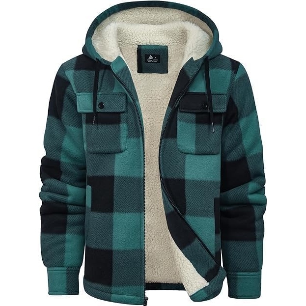 image:imageZITY Mens Flannel Hooded Jacket Fleece Sherpa Lined Plaid Zip Up SweatshirtGreen