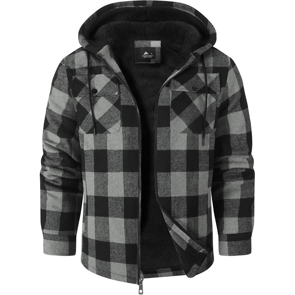 image:imageZITY Mens Flannel Hooded Jacket Fleece Sherpa Lined Plaid Zip Up SweatshirtGrey