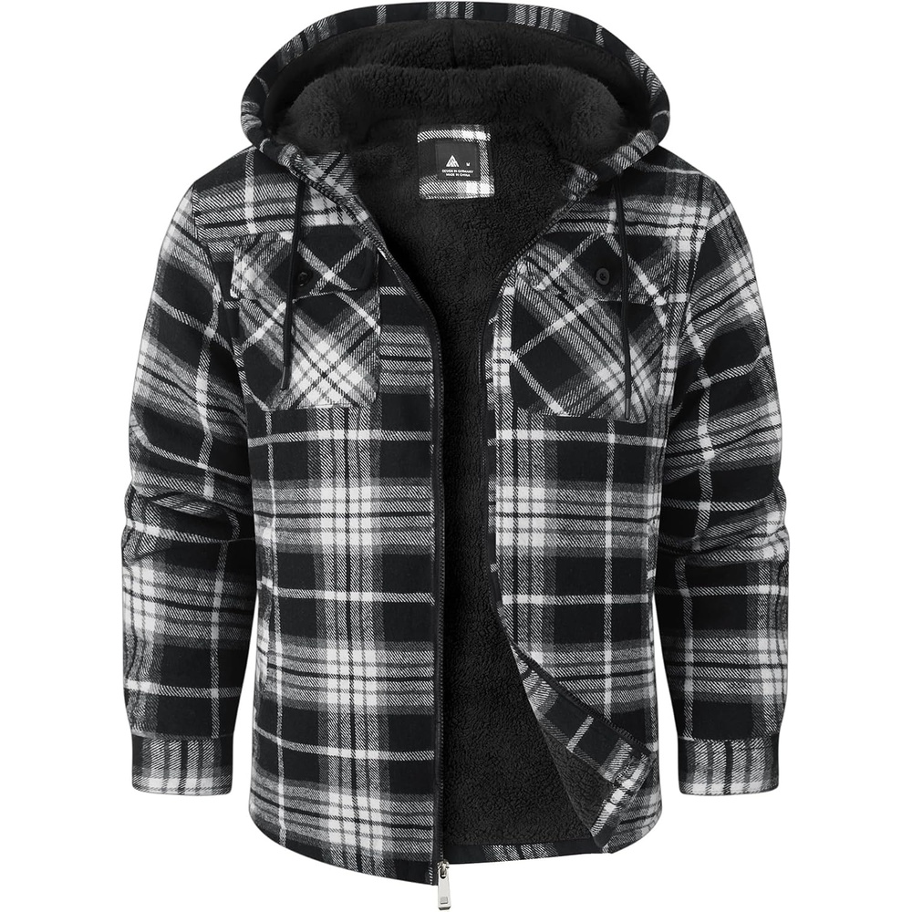 image:imageZITY Mens Flannel Hooded Jacket Fleece Sherpa Lined Plaid Zip Up SweatshirtGrey White Black