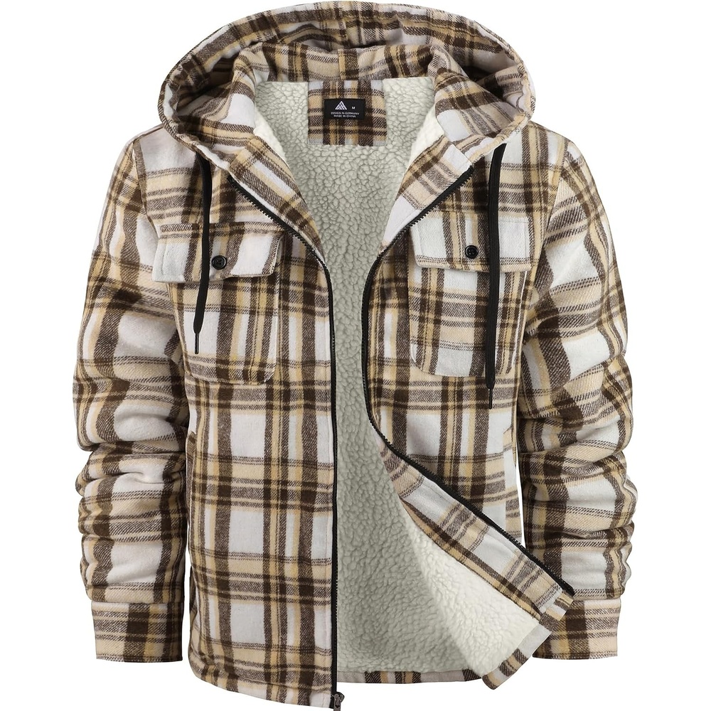 image:imageZITY Mens Flannel Hooded Jacket Fleece Sherpa Lined Plaid Zip Up SweatshirtKhaki