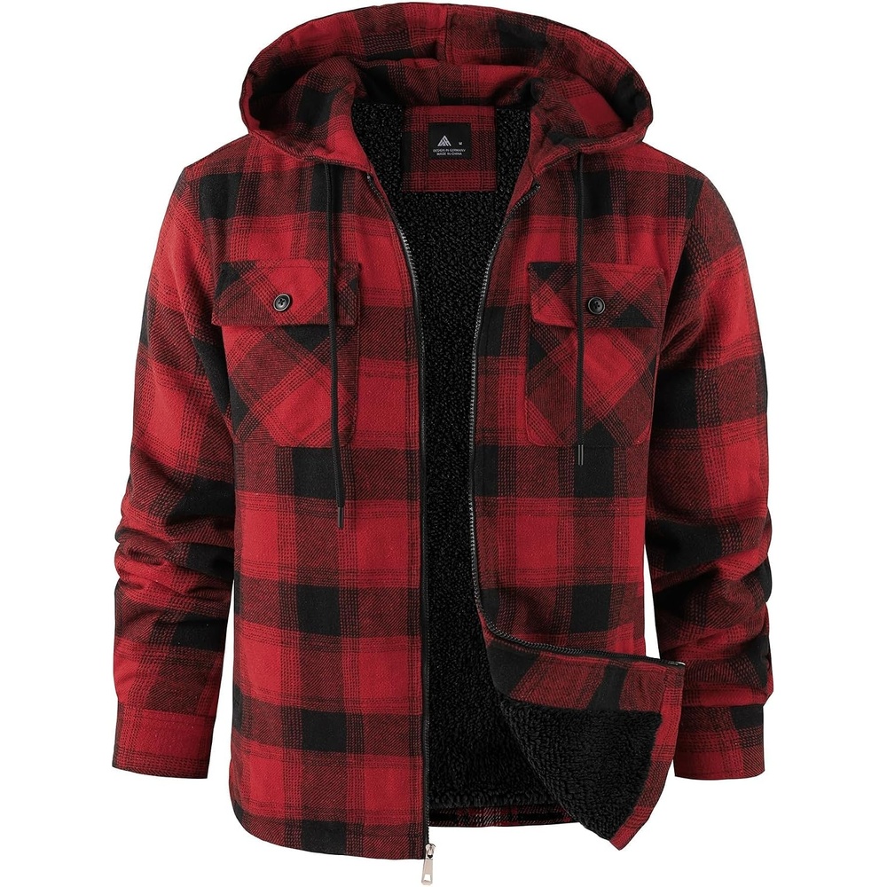 image:imageZITY Mens Flannel Hooded Jacket Fleece Sherpa Lined Plaid Zip Up SweatshirtRed