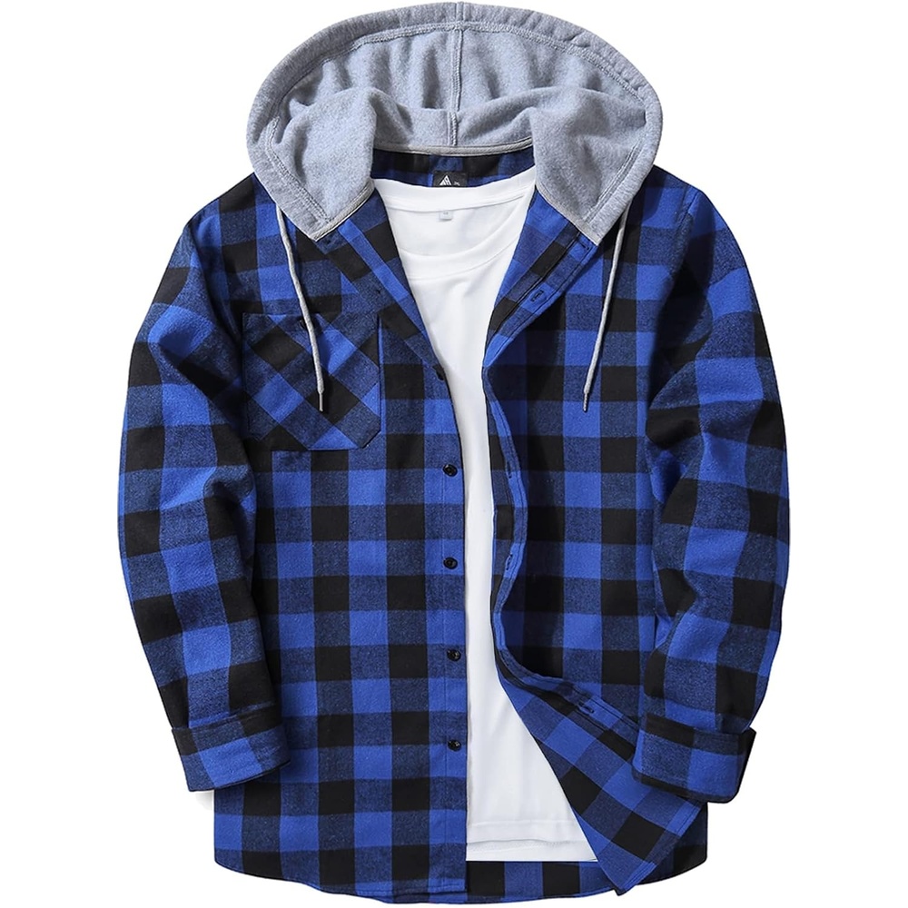 image:imageZITY Mens Flannel Hoodie Shirts Casual Button Down Long Sleeve Plaid ShirtBlack Blue