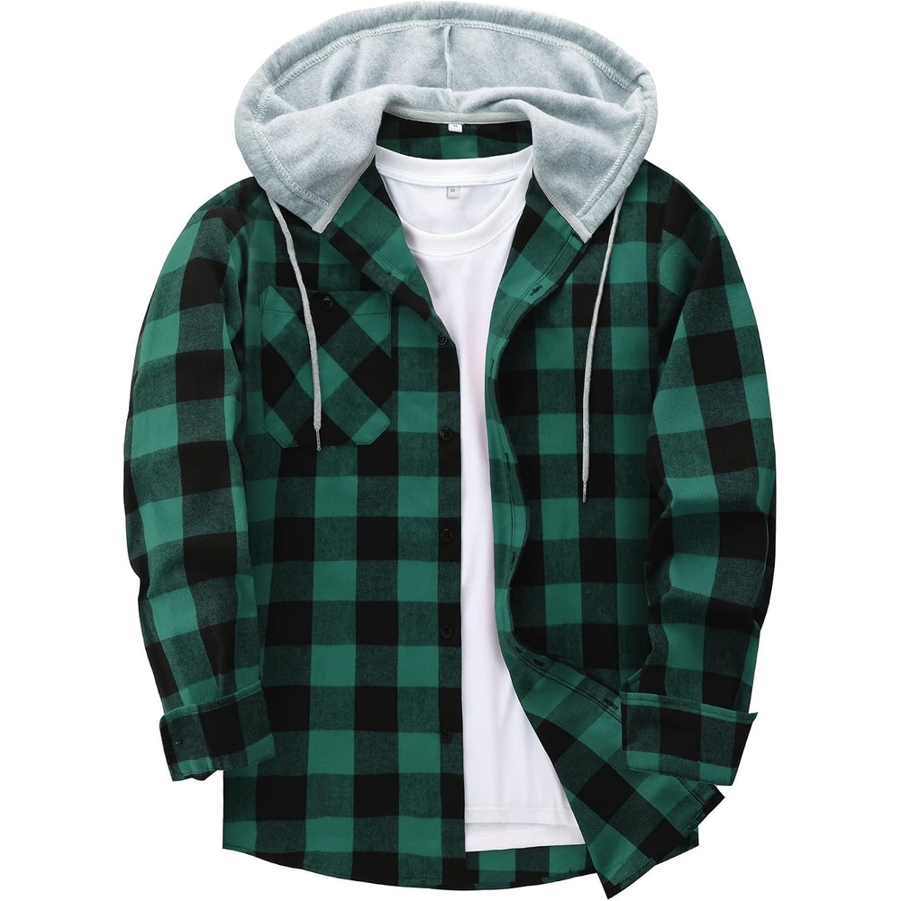 image:imageZITY Mens Flannel Hoodie Shirts Casual Button Down Long Sleeve Plaid ShirtBlack Green