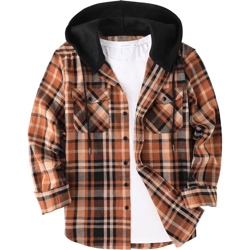 image:imageZITY Mens Flannel Hoodie Shirts Casual Button Down Long Sleeve Plaid ShirtBlack Orange