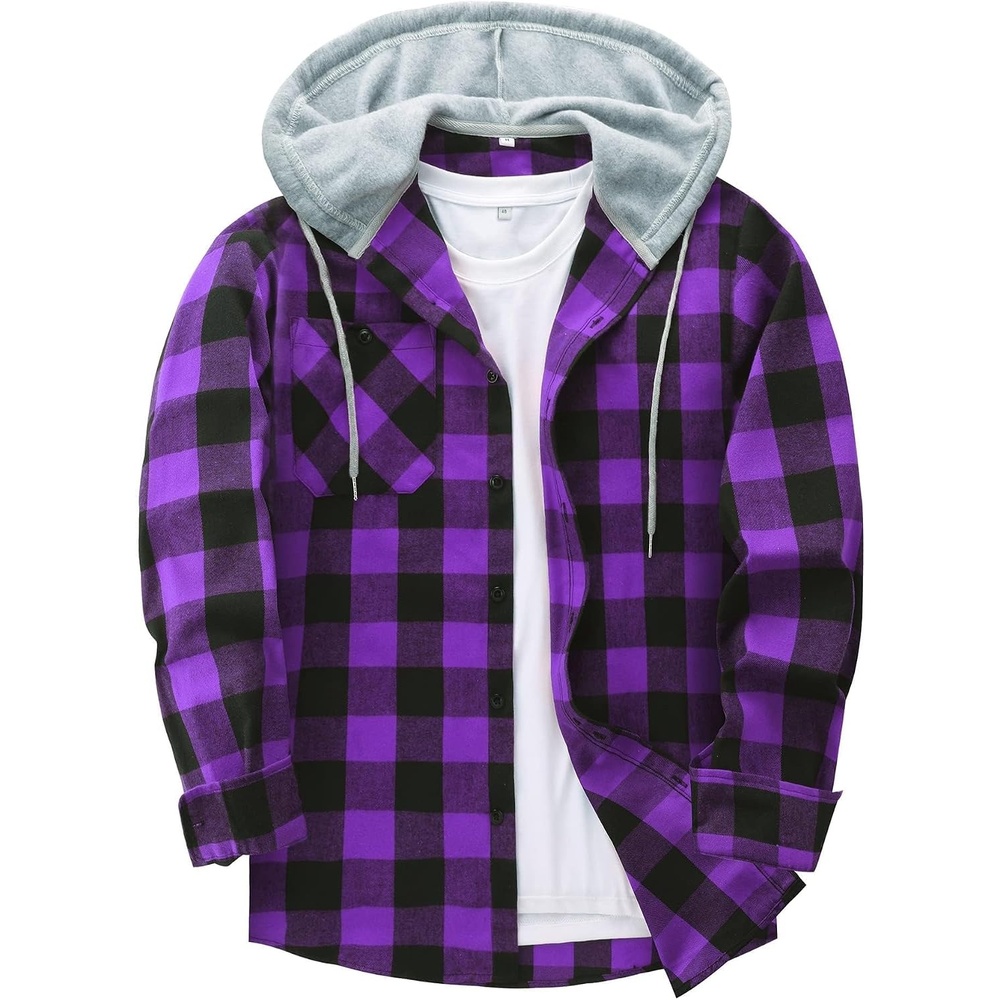 image:imageZITY Mens Flannel Hoodie Shirts Casual Button Down Long Sleeve Plaid ShirtBlack Purple
