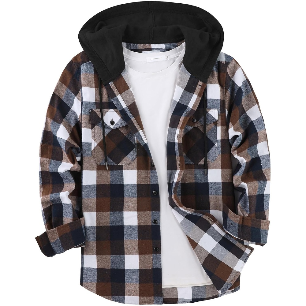 image:imageZITY Mens Flannel Hoodie Shirts Casual Button Down Long Sleeve Plaid ShirtBrown White