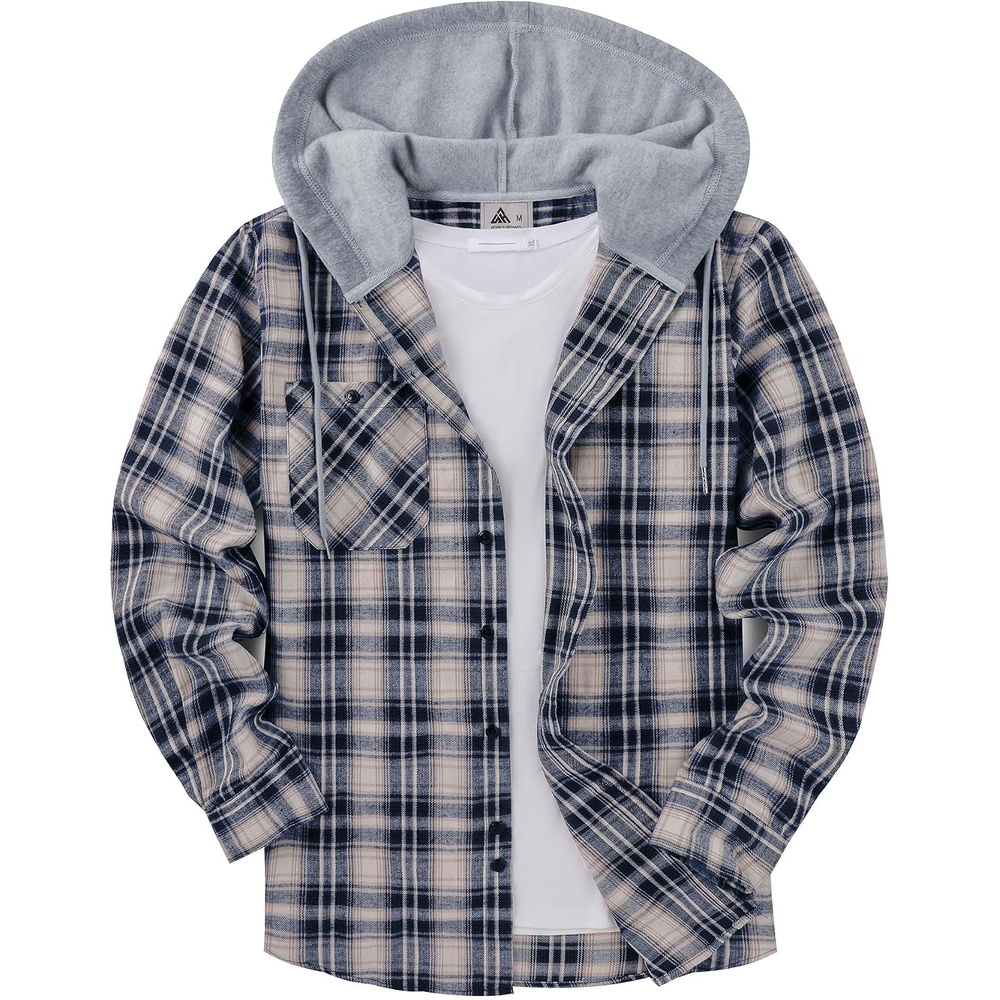 image:imageZITY Mens Flannel Hoodie Shirts Casual Button Down Long Sleeve Plaid ShirtDark Blue White