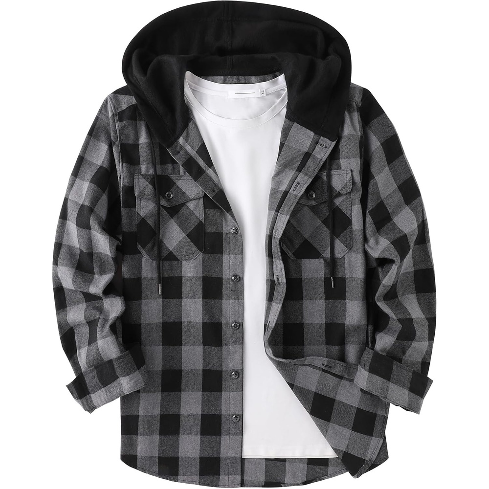 image:imageZITY Mens Flannel Hoodie Shirts Casual Button Down Long Sleeve Plaid ShirtDark Grey