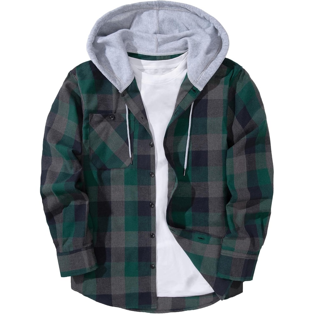 image:imageZITY Mens Flannel Hoodie Shirts Casual Button Down Long Sleeve Plaid ShirtGreengray