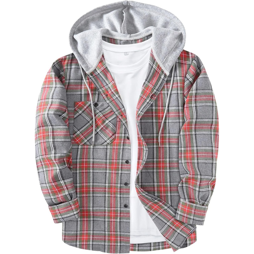 image:imageZITY Mens Flannel Hoodie Shirts Casual Button Down Long Sleeve Plaid ShirtLight Red Gray