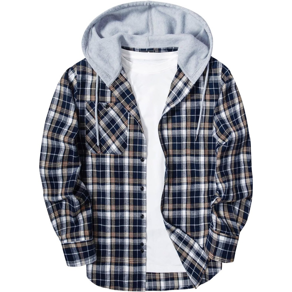 image:imageZITY Mens Flannel Hoodie Shirts Casual Button Down Long Sleeve Plaid ShirtNavy Grey White