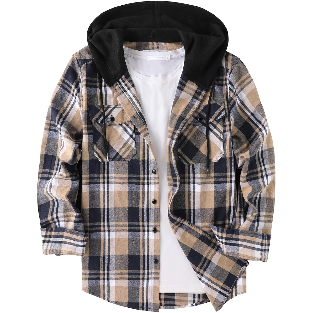 image:imageZITY Mens Flannel Hoodie Shirts Casual Button Down Long Sleeve Plaid ShirtNavybeige