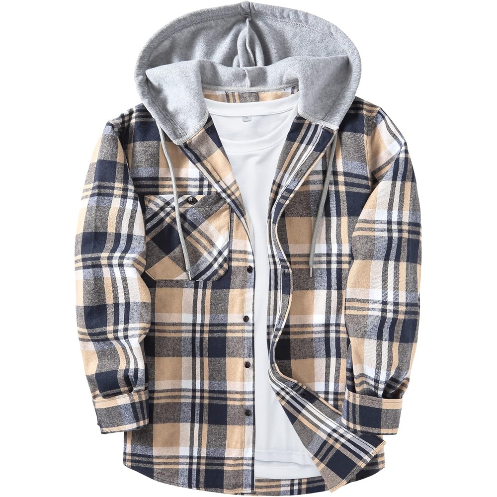 image:imageZITY Mens Flannel Hoodie Shirts Casual Button Down Long Sleeve Plaid ShirtNavybeigewhite