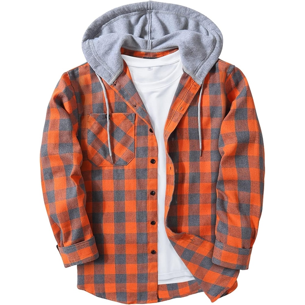 image:imageZITY Mens Flannel Hoodie Shirts Casual Button Down Long Sleeve Plaid ShirtOrange Grey