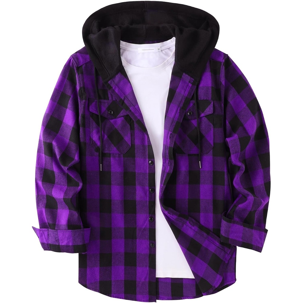 image:imageZITY Mens Flannel Hoodie Shirts Casual Button Down Long Sleeve Plaid ShirtPurple