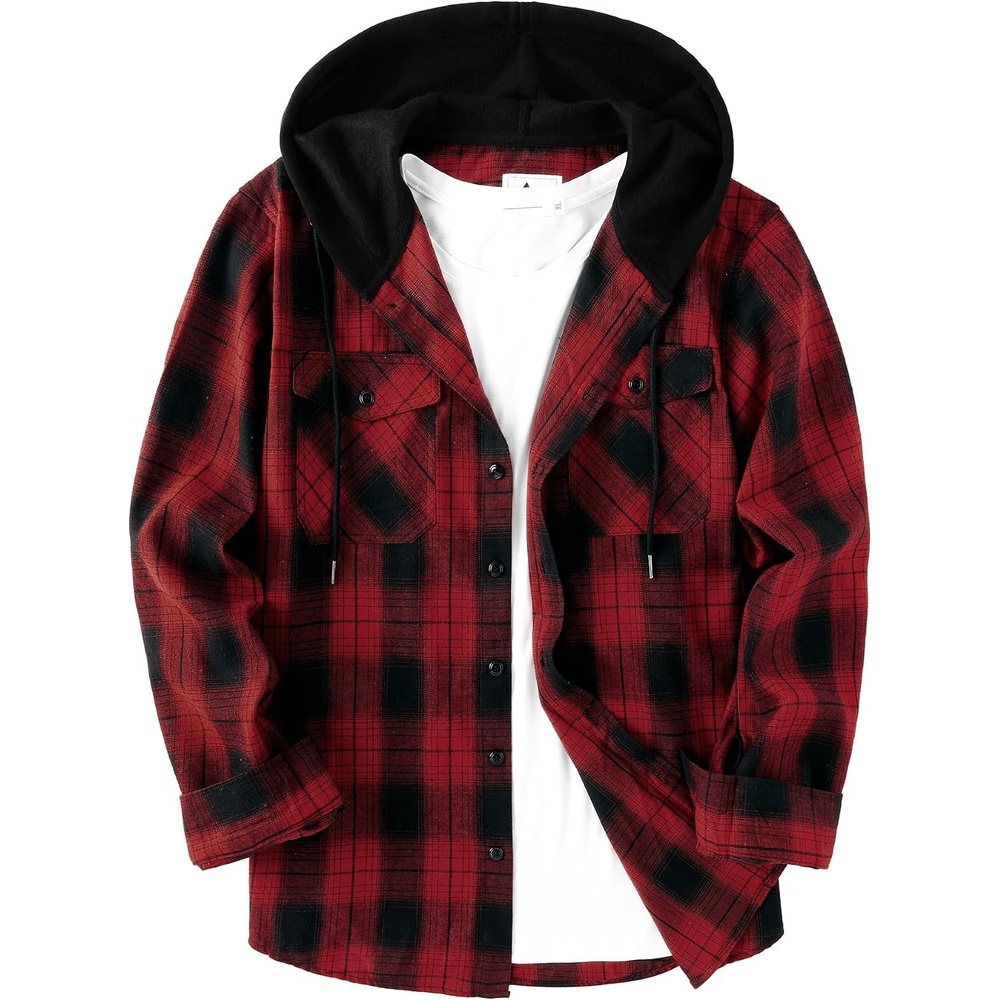image:imageZITY Mens Flannel Hoodie Shirts Casual Button Down Long Sleeve Plaid ShirtRed Black