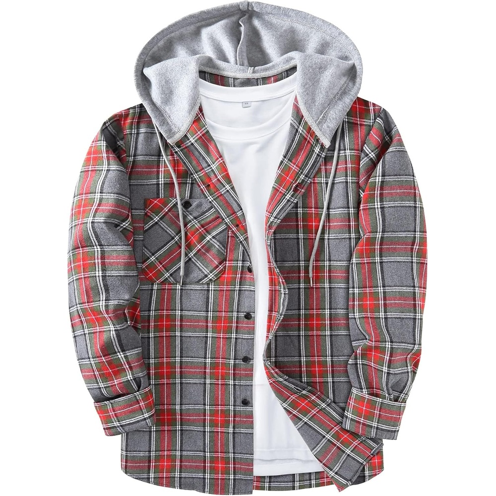 image:imageZITY Mens Flannel Hoodie Shirts Casual Button Down Long Sleeve Plaid ShirtRedgray