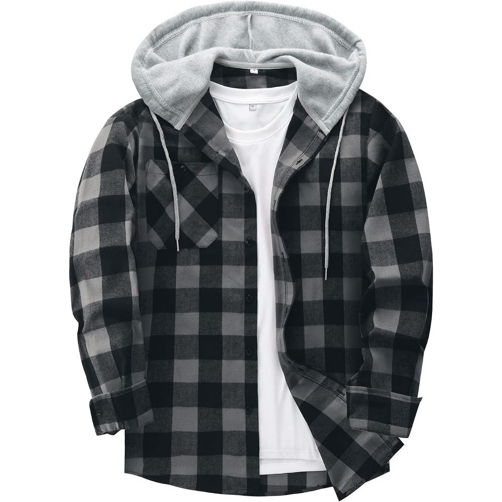 image:imageZITY Mens Flannel Hoodie Shirts Casual Button Down Long Sleeve Plaid ShirtWhite