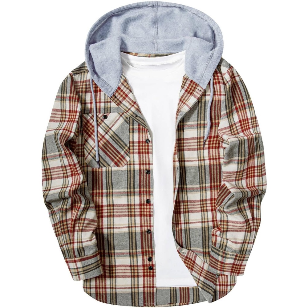 image:imageZITY Mens Flannel Hoodie Shirts Casual Button Down Long Sleeve Plaid ShirtWine Red Beige