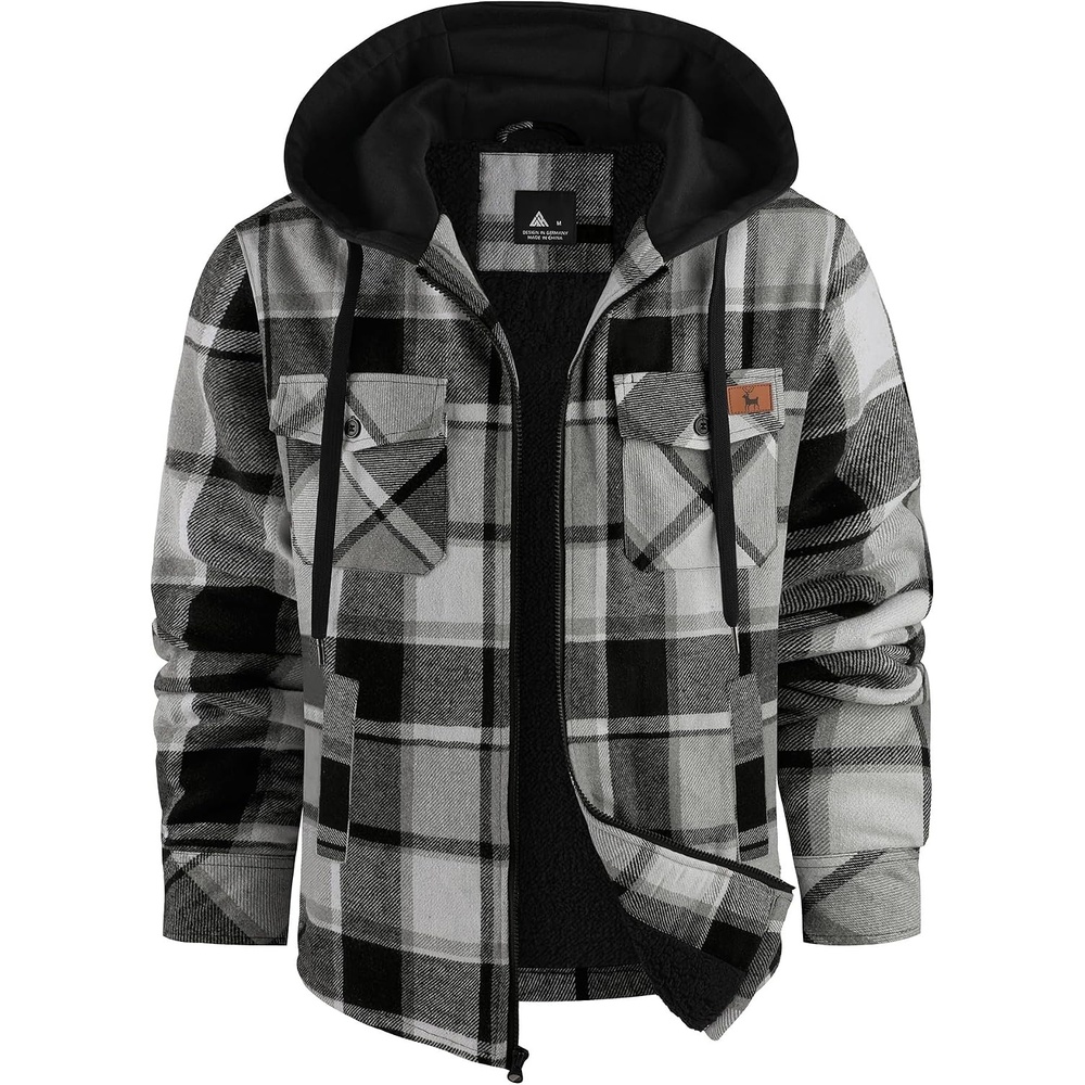 image:imageZITY Mens Flannel Jacket Sherpa Lined Fleece Plaid Hoodie Zip Up SweatshirtBlack Grey