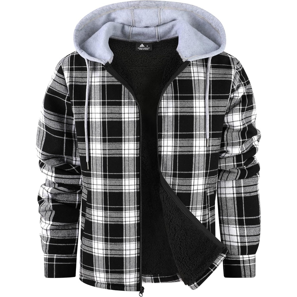 image:imageZITY Mens Flannel Jacket Sherpa Lined Fleece Plaid Hoodie Zip Up SweatshirtBlack White