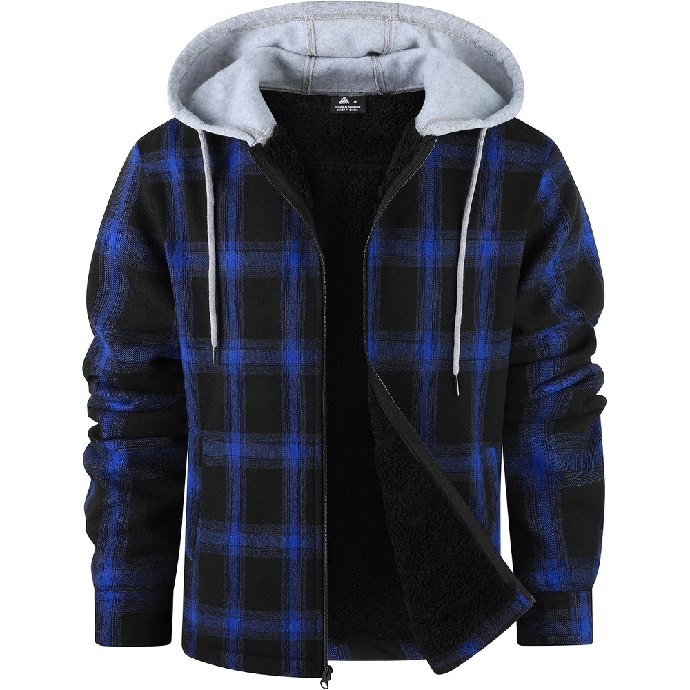 image:imageZITY Mens Flannel Jacket Sherpa Lined Fleece Plaid Hoodie Zip Up SweatshirtBlue Black