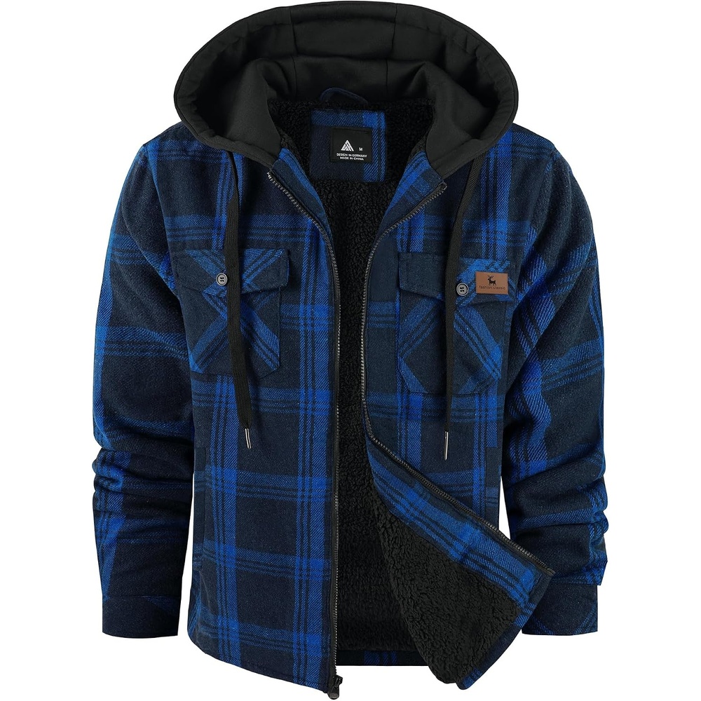 image:imageZITY Mens Flannel Jacket Sherpa Lined Fleece Plaid Hoodie Zip Up SweatshirtBlue Navy