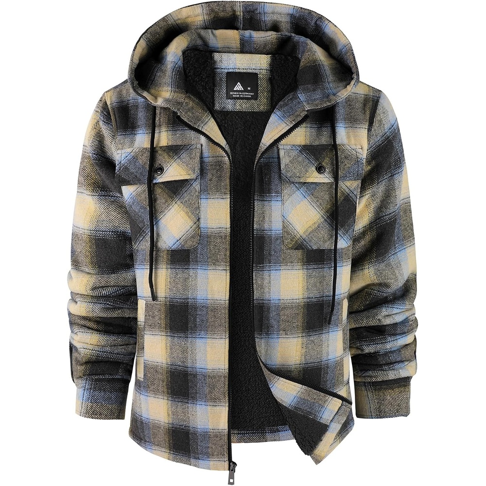 image:imageZITY Mens Flannel Jacket Sherpa Lined Fleece Plaid Hoodie Zip Up SweatshirtBlue Yellow