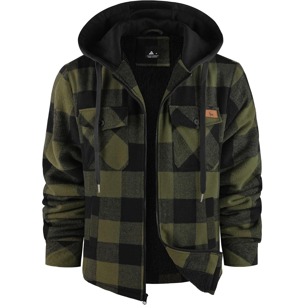 image:imageZITY Mens Flannel Jacket Sherpa Lined Fleece Plaid Hoodie Zip Up SweatshirtDark Green