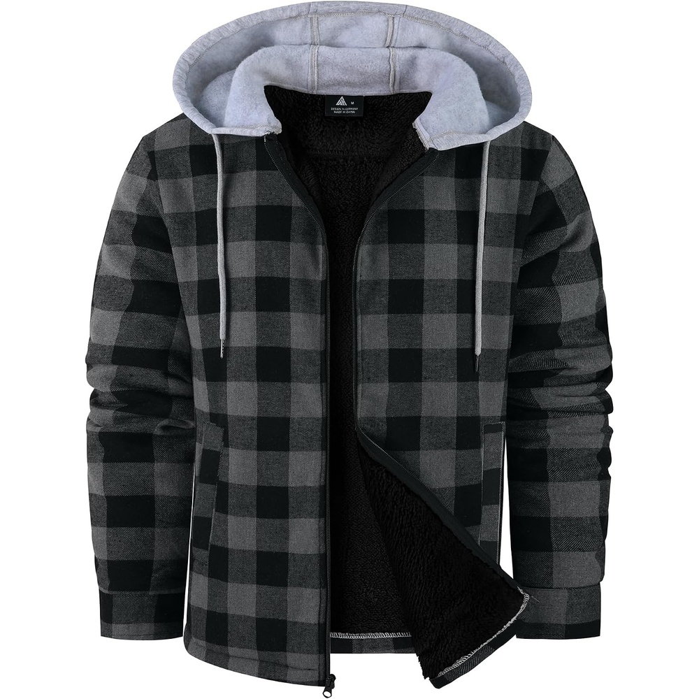 image:imageZITY Mens Flannel Jacket Sherpa Lined Fleece Plaid Hoodie Zip Up SweatshirtDark Grey