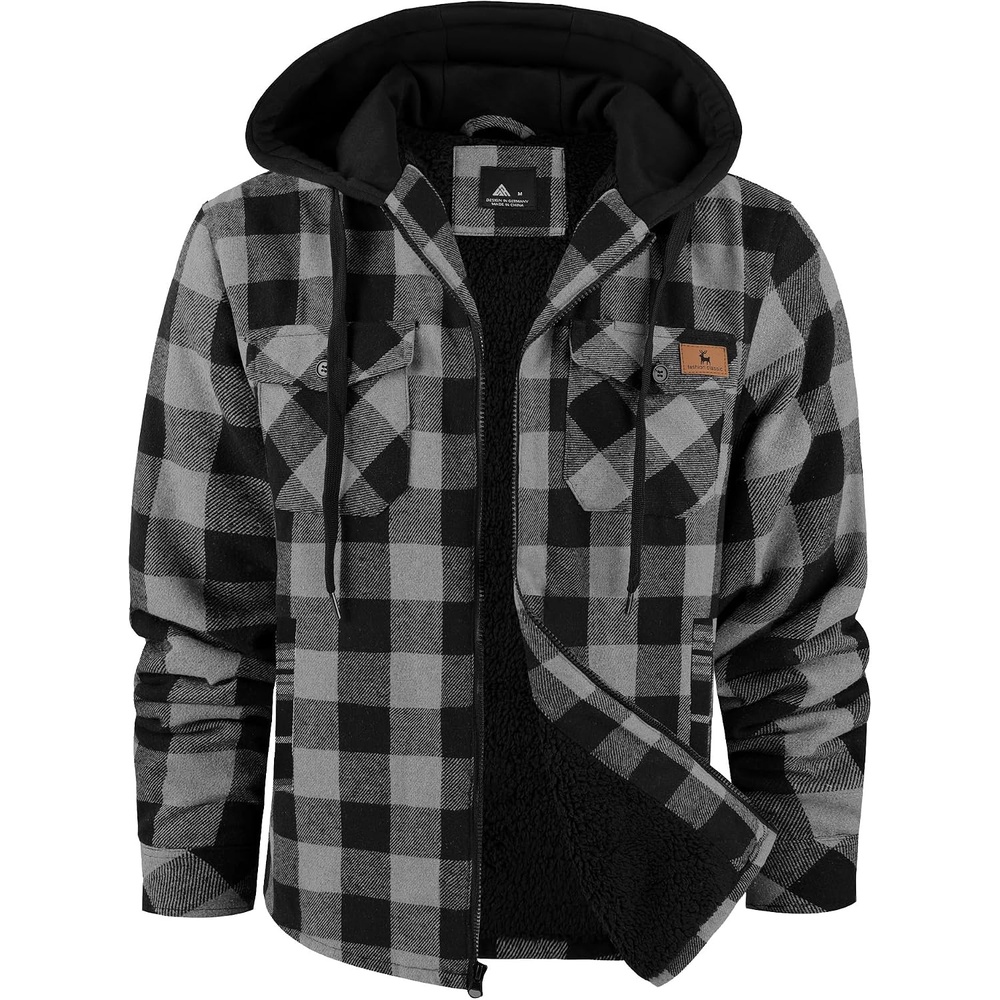 image:imageZITY Mens Flannel Jacket Sherpa Lined Fleece Plaid Hoodie Zip Up SweatshirtGrey Black