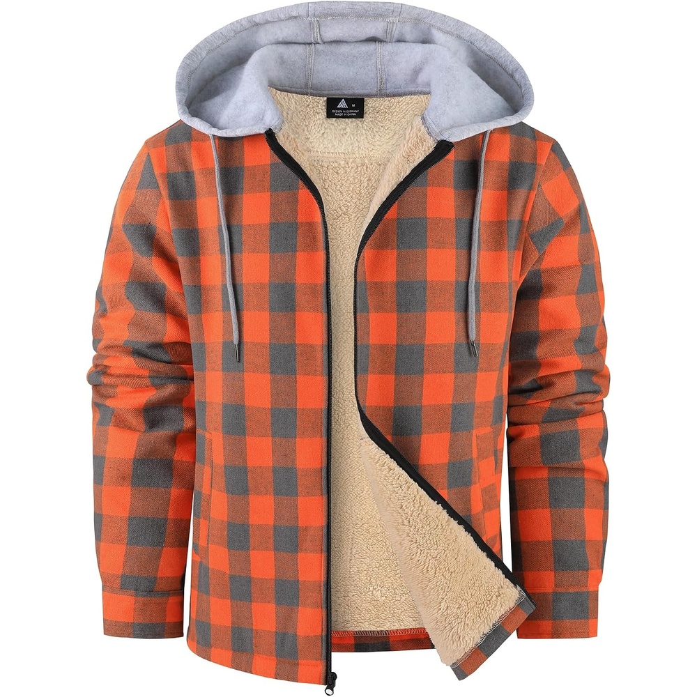 image:imageZITY Mens Flannel Jacket Sherpa Lined Fleece Plaid Hoodie Zip Up SweatshirtOrange
