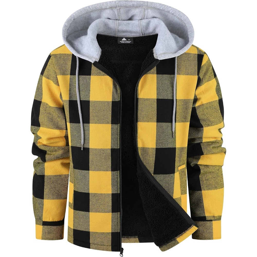 image:imageZITY Mens Flannel Jacket Sherpa Lined Fleece Plaid Hoodie Zip Up SweatshirtYellow Black