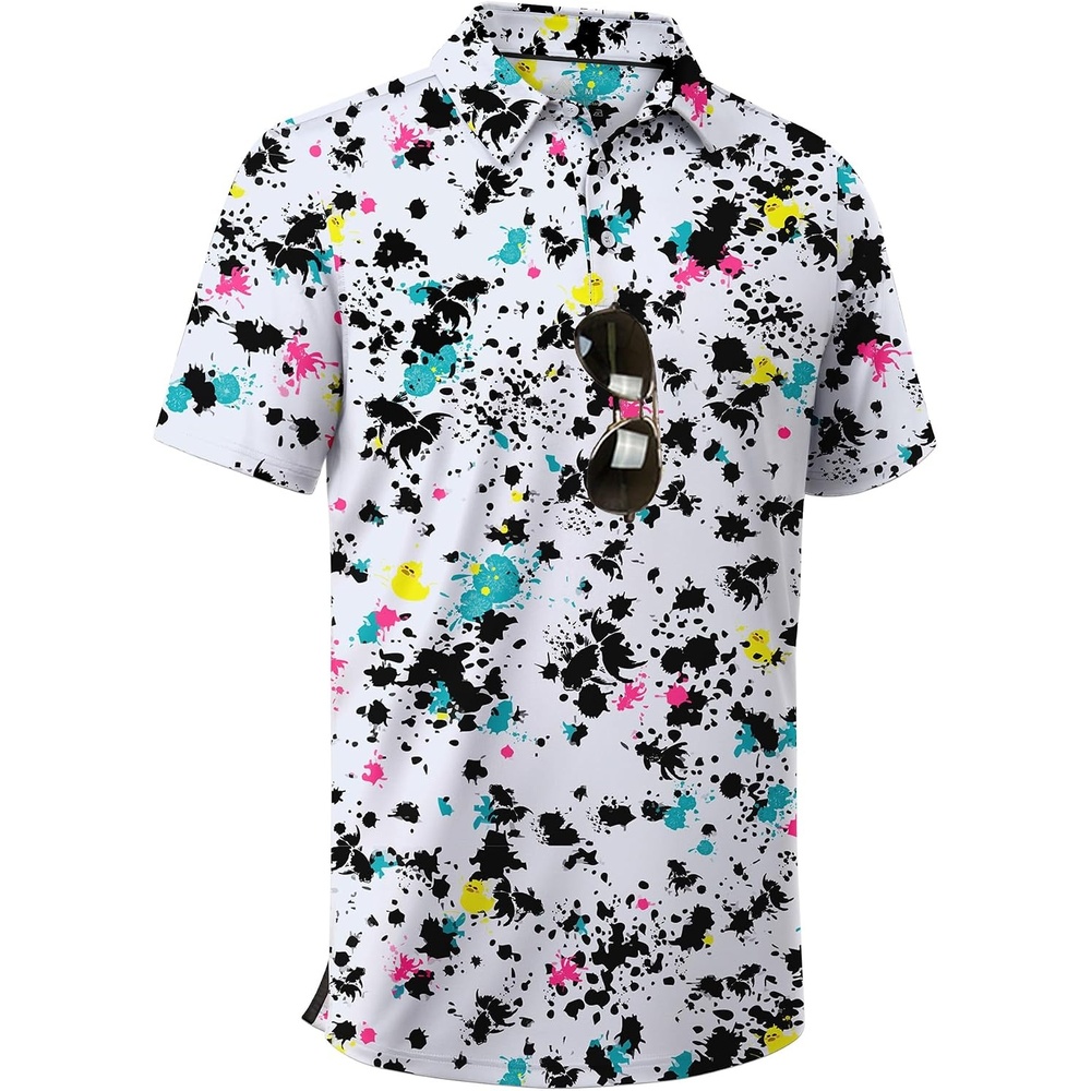 image:imageZITY Mens Golf Shirts Short Sleeve Print Patterns Casual Collared PoloWhite Painting