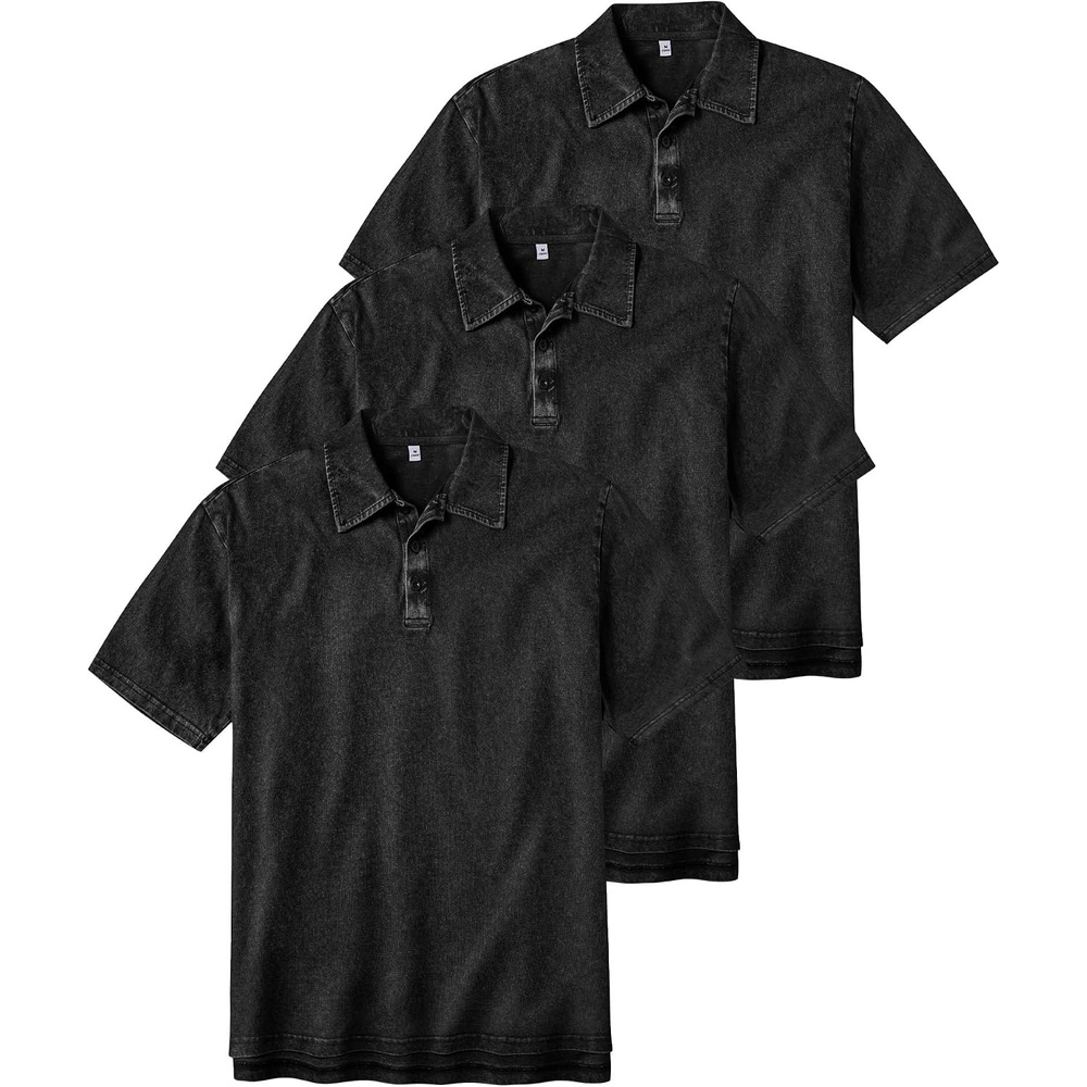 image:imageZITY Mens Polo Shirts Short Sleeve Cotton Vintage Acid Washed T Shirts Overzied Collared Polo ShirtsBlack Black Black