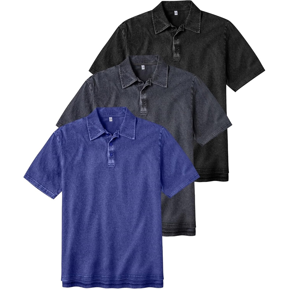 image:imageZITY Mens Polo Shirts Short Sleeve Cotton Vintage Acid Washed T Shirts Overzied Collared Polo ShirtsBlack Grey Blue