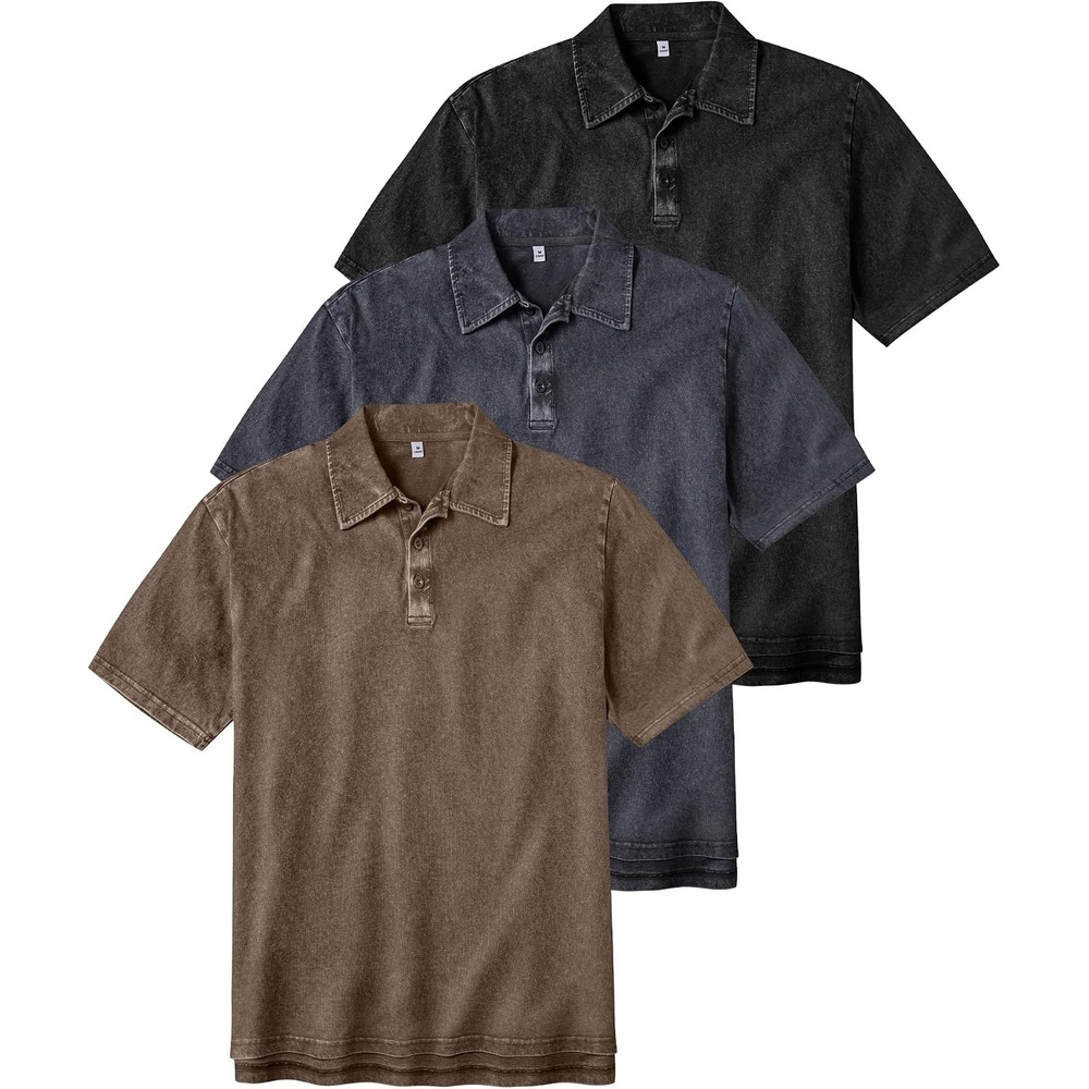 image:imageZITY Mens Polo Shirts Short Sleeve Cotton Vintage Acid Washed T Shirts Overzied Collared Polo ShirtsBlack Grey Coffee