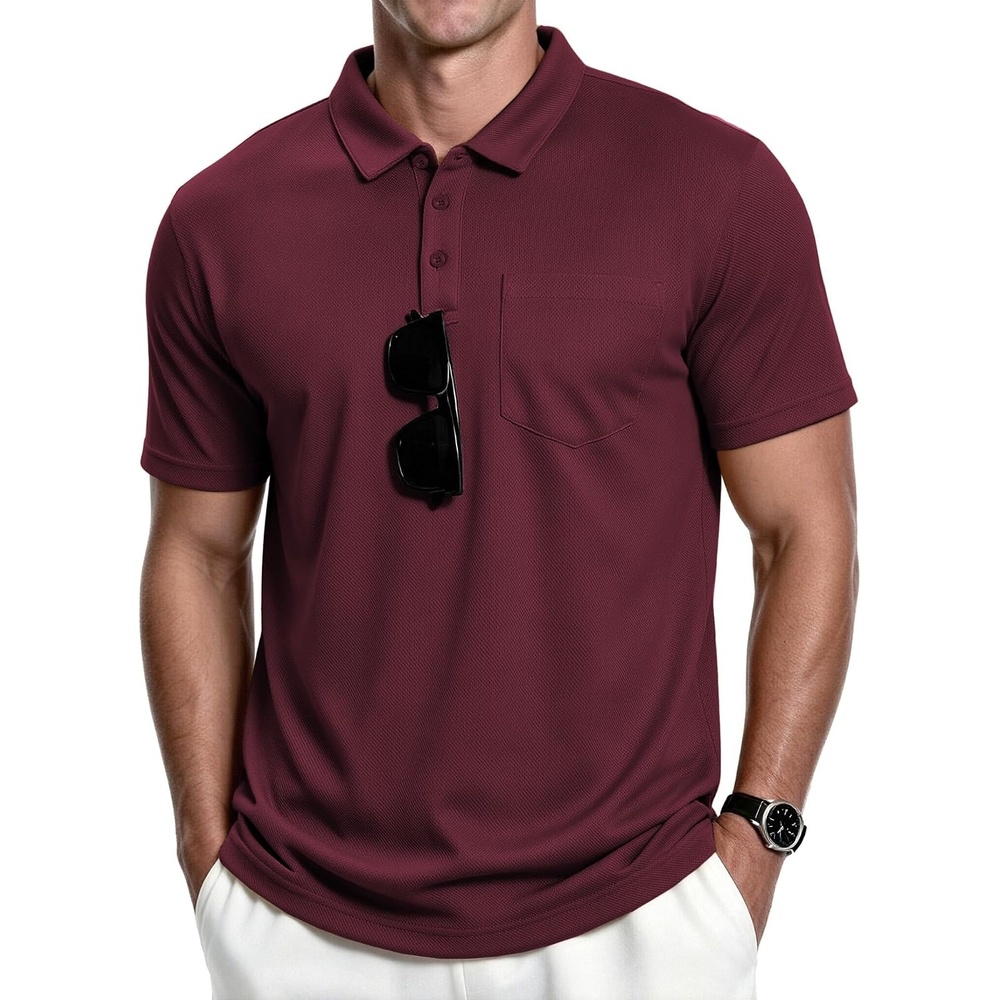 image:imageZITY Mens Polo Shirts with Pocket Short Sleeve MoistureWicking TshirtWine Red