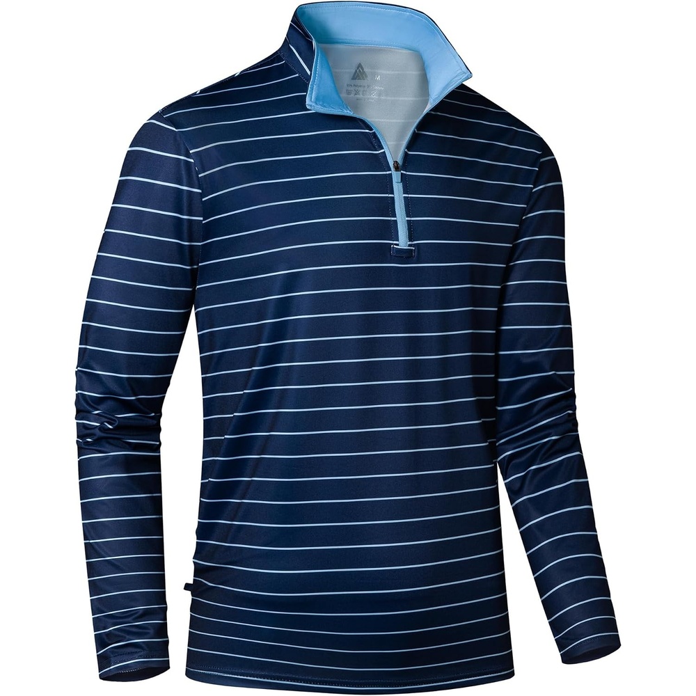 image:imageZITY Mens Printed Quarter Zip Pullover UPF 50 Long Sleeve Golf ShirtDark Blue Stripe
