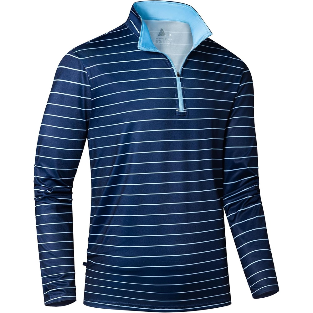 image:imageZITY Mens Printed Quarter Zip Pullover UPF 50 Long Sleeve Golf ShirtNavy Light Blue Stripe