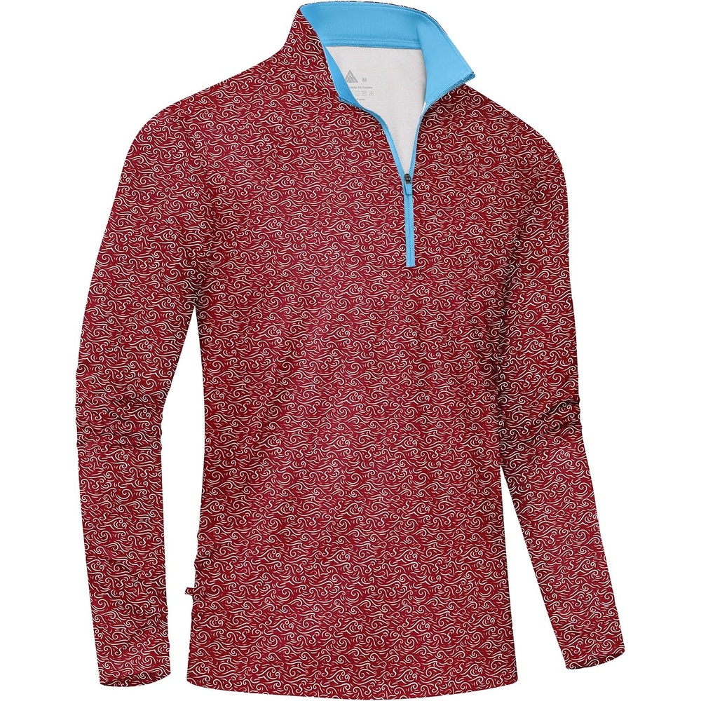 image:imageZITY Mens Printed Quarter Zip Pullover UPF 50 Long Sleeve Golf ShirtRed Wave