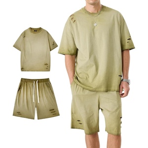 ZITY Mens 2 Piece Shorts Set Acid Wash Cotton Oversized Outfit Vintage Streetwear Matching Set Summer Casual Lounge Gym(Army Green)