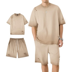 ZITY Mens 2 Piece Shorts Set Acid Wash Cotton Oversized Outfit Vintage Streetwear Matching Set Summer Casual Lounge Gym(Light Khaki)