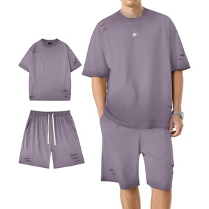 ZITY Mens 2 Piece Shorts Set Acid Wash Cotton Oversized Outfit Vintage Streetwear Matching Set Summer Casual Lounge Gym(Light Purple)