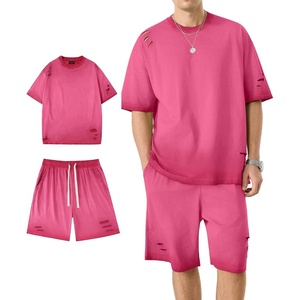 ZITY Mens 2 Piece Shorts Set Acid Wash Cotton Oversized Outfit Vintage Streetwear Matching Set Summer Casual Lounge Gym(Rose Red)
