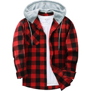 ZITY Men’s Flannel Hoodie Shirts Casual Button Down Long Sleeve Plaid Shirt(Black Red)
