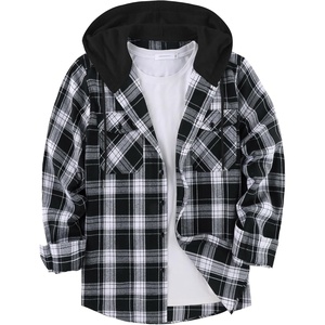 ZITY Men’s Flannel Hoodie Shirts Casual Button Down Long Sleeve Plaid Shirt(Black White)