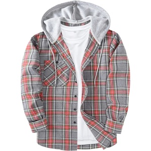 ZITY Men’s Flannel Hoodie Shirts Casual Button Down Long Sleeve Plaid Shirt(Light Red Gray)