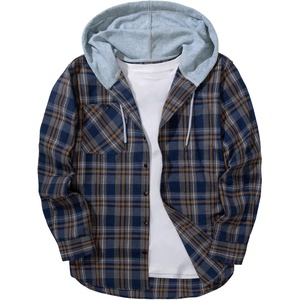 ZITY Men’s Flannel Hoodie Shirts Casual Button Down Long Sleeve Plaid Shirt(Navy Blue Yellow)