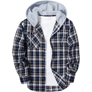 ZITY Men’s Flannel Hoodie Shirts Casual Button Down Long Sleeve Plaid Shirt(Navy Grey White)